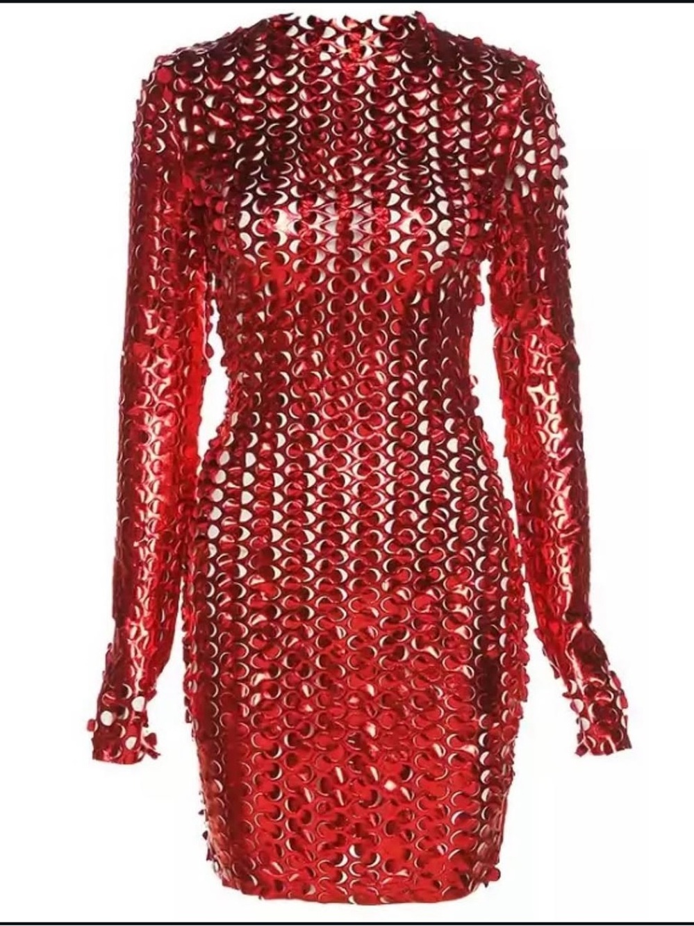 Red Long-Sleeve Cut Out Metallic Cocktail Dress
